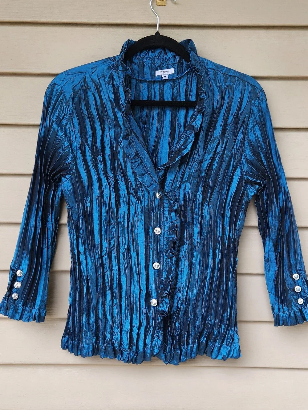 Agora Blue Vint. Crinkle Bouse Rhinestone Buttons. Size M - Picture 2 of 11